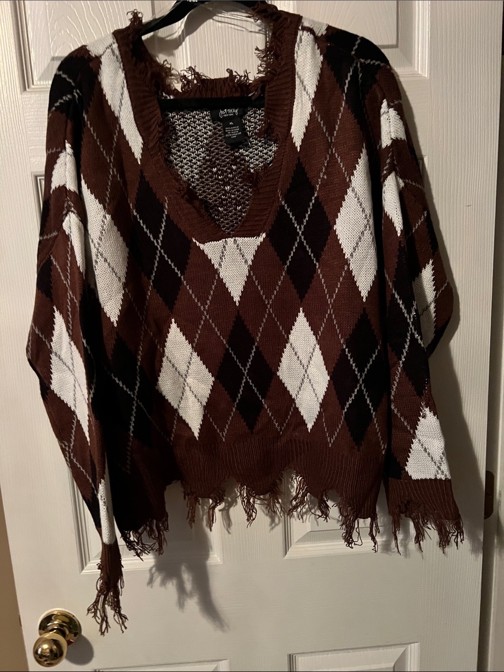 Brown Argyle Distressed V-Neck Sweater
